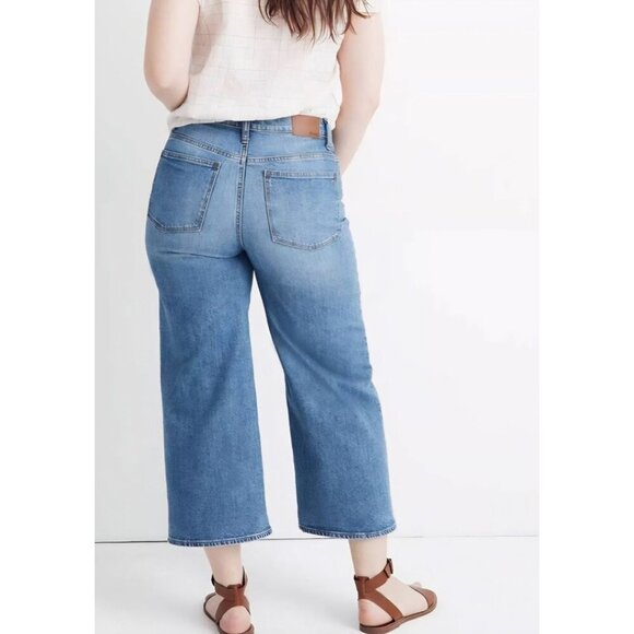 Madewell Size 31X25 Women Wide Leg Crop Blue Denim Embroidered Logo Pocket Jeans - Picture 2 of 15